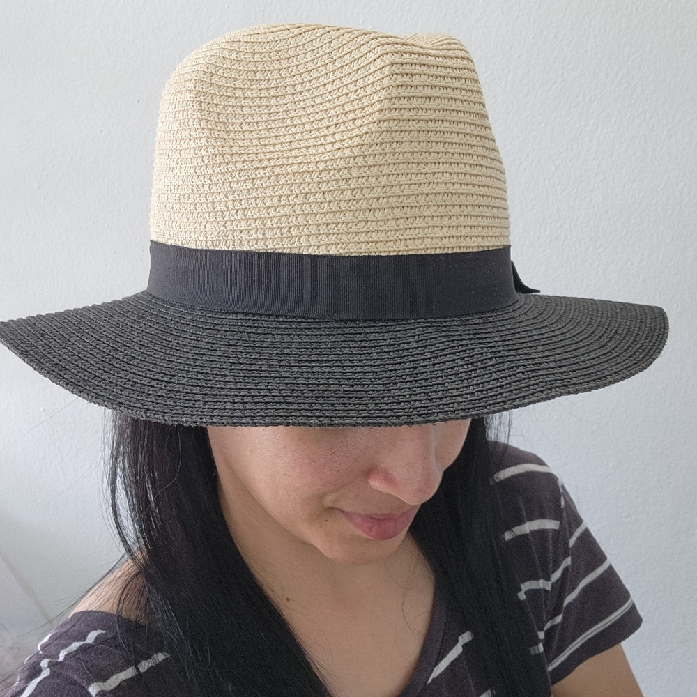 Two-Tone Black & Beige Synthetic Raffia With Ribbon Womens Hat - Picture 12 of 17